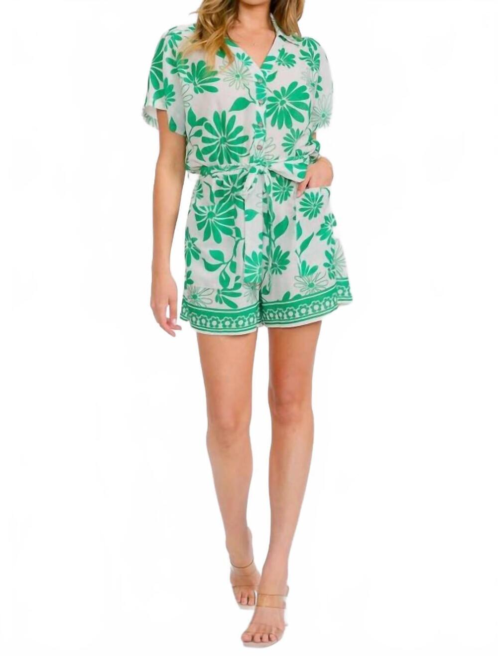 NEW SPIN USA floral romper with belt in green/white